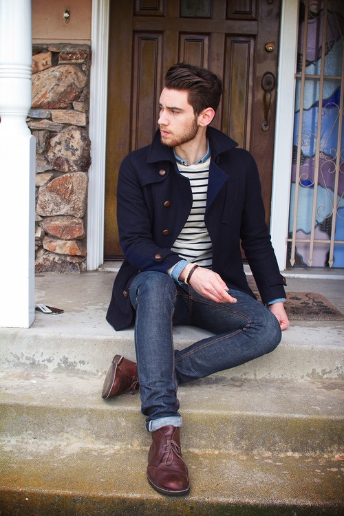 Navy peacoat, blue shirt, sweater, blue jeans, maroon boots 1