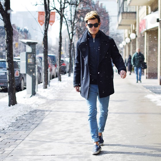 Navy peacoat, blue puffer, blue jeans, slip on shoes 1