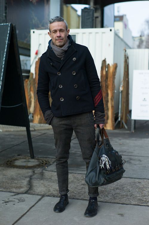 Black peacoat, grey jeans, scarf, leather boots 1