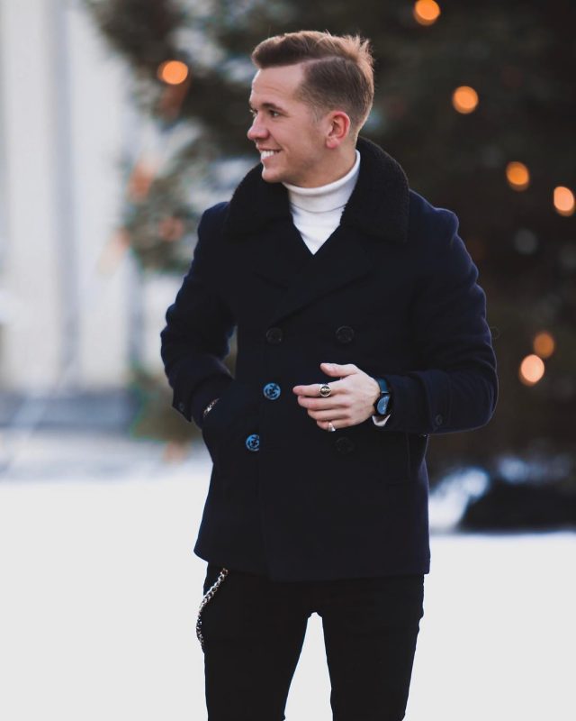 Navy peacoat, white turtleneck sweater, black jeans 1