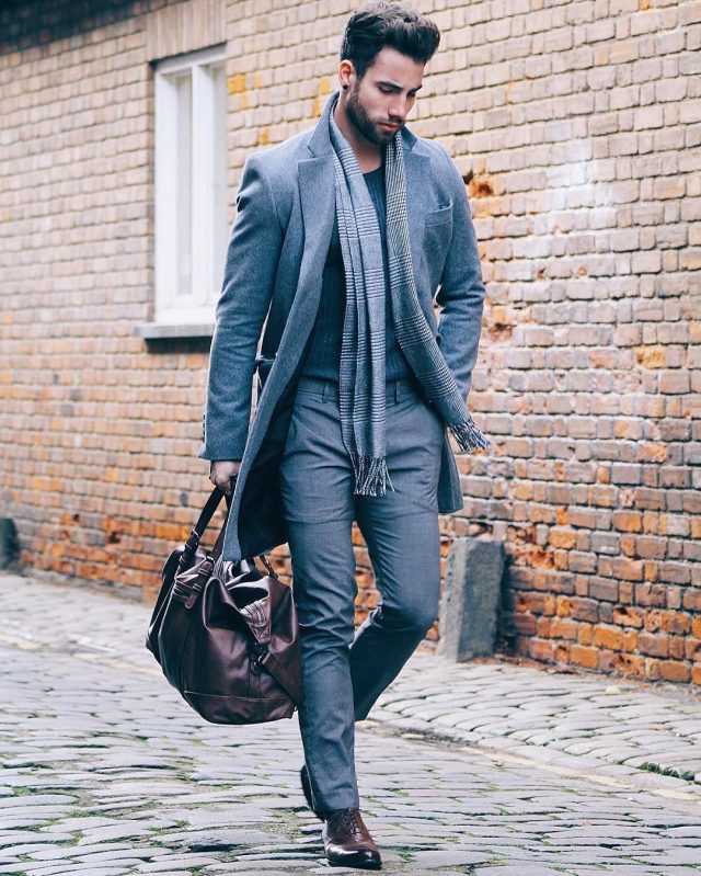 Gray wool suit, sweater, gray scarf, dress shoes 1
