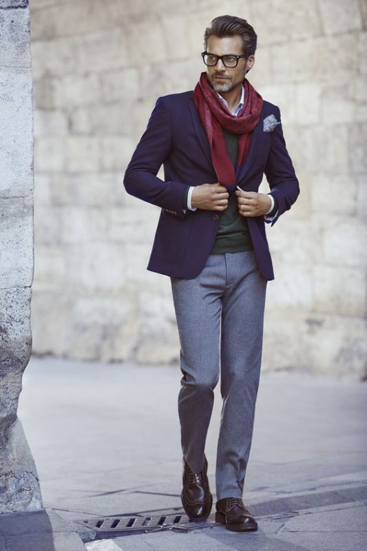 Red scarf, white shirt, sweater, blue blazer, wool pants, brogue 1