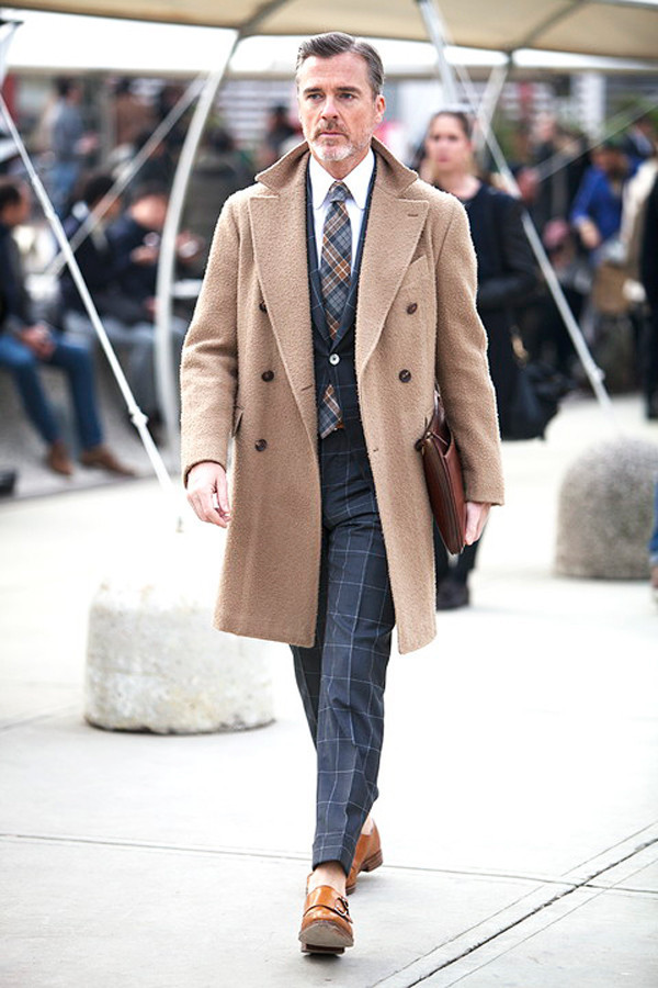 Camel overcoat, checked office suit, double monk straps shoes 1