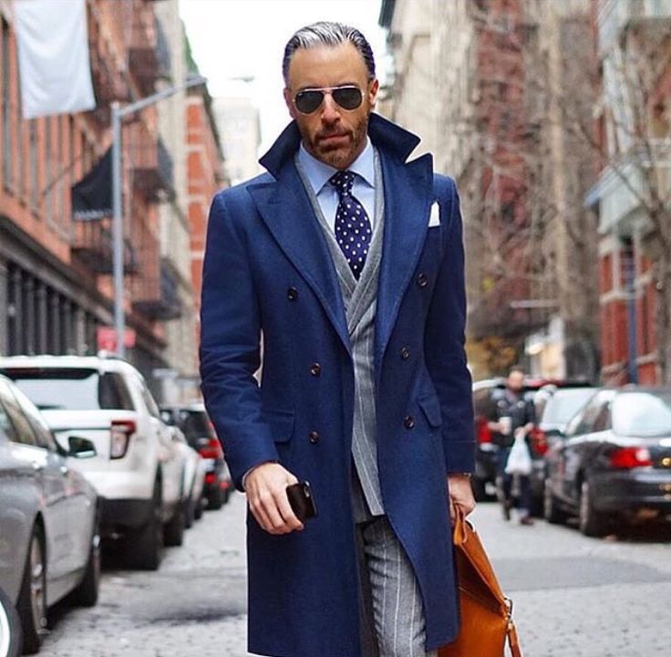 Blue overcoat, checked grey office suit, dotted tie, shades 1