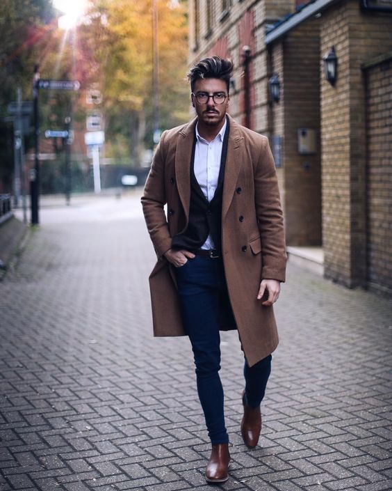 Camel overcoat, white shirt, vest jacket, brown Chelsea boots 1