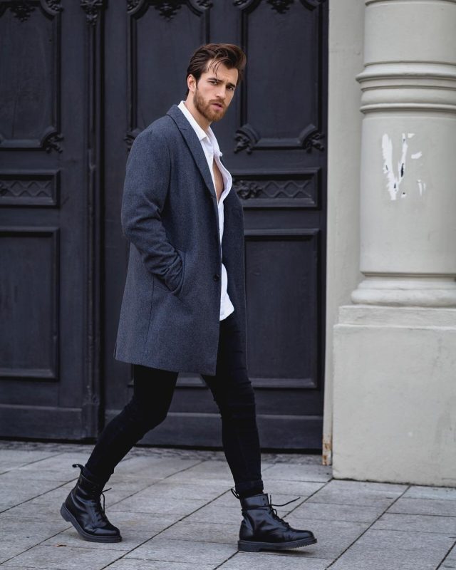 Grey overcoat, white button down shirt, black jeans, leather boots 1