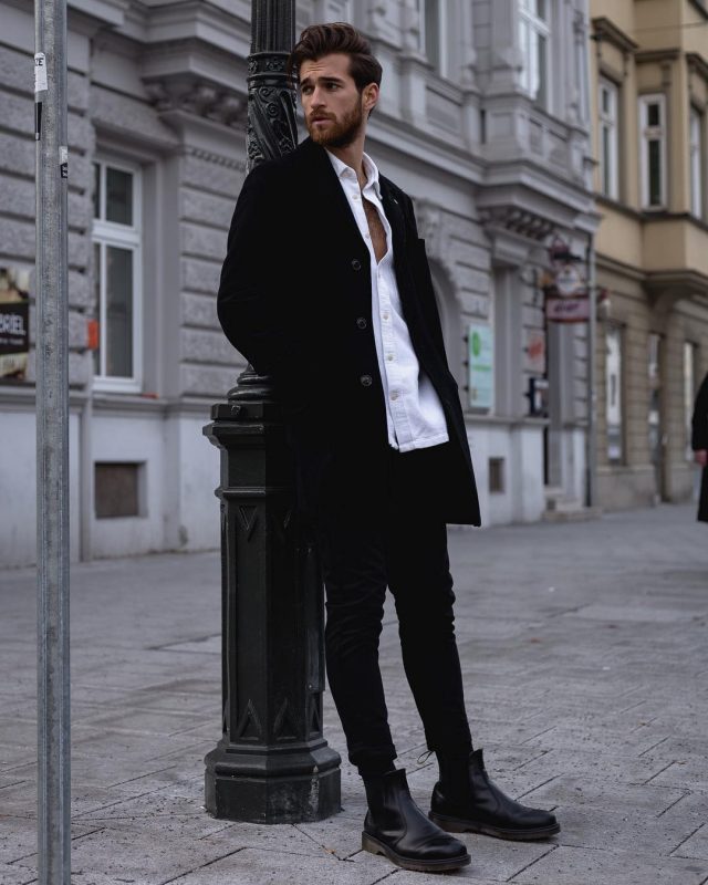 Black overcoat, white shirt, black jeans, black leather Chelsea boots 1