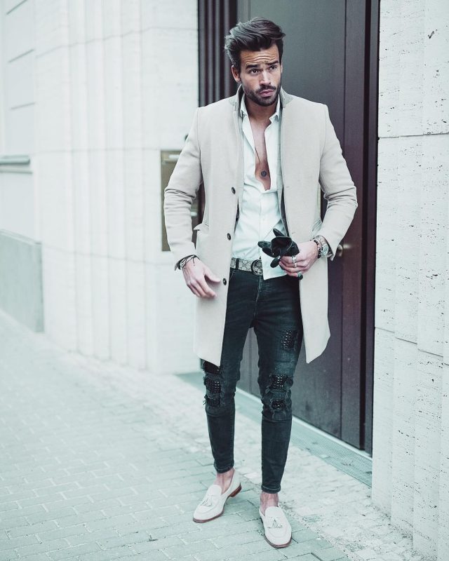 Beige overcoat, white button down shirt, jeans, loafers 1