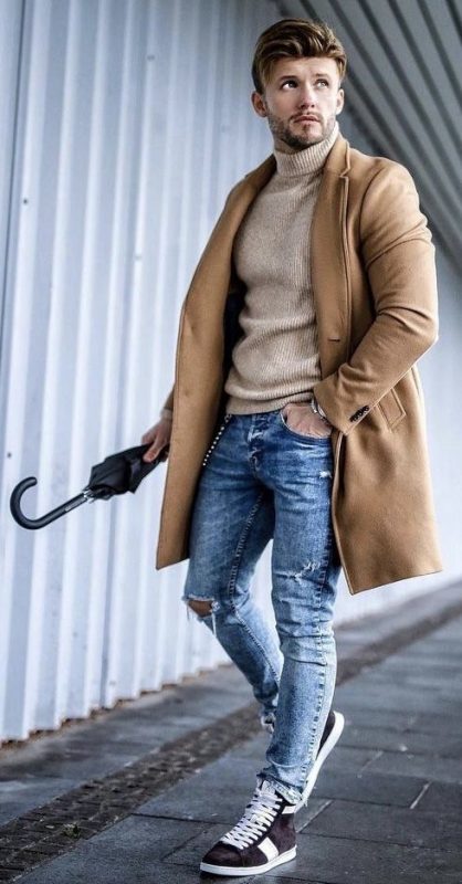 Camel overcoat, tan turtleneck sweater, sneaker 1