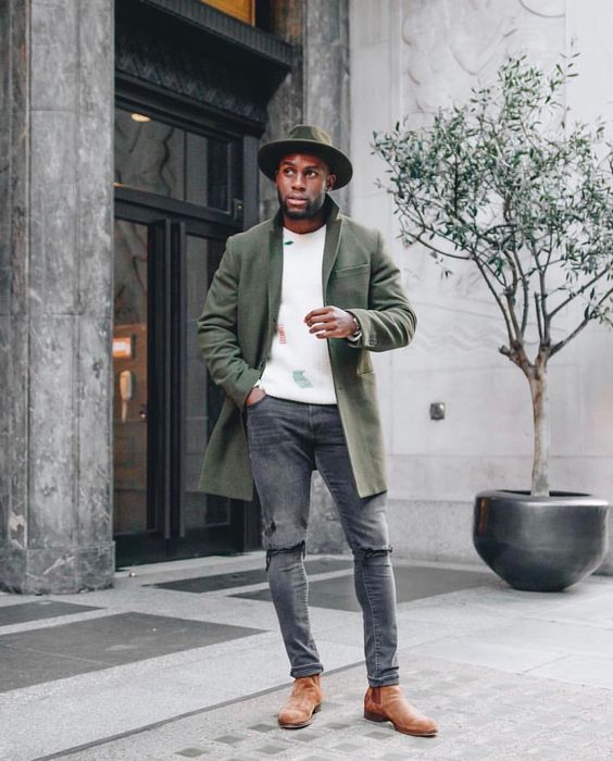 Green overcoat, white sweater, fedora hat, brown suede Chelsea boots 1 