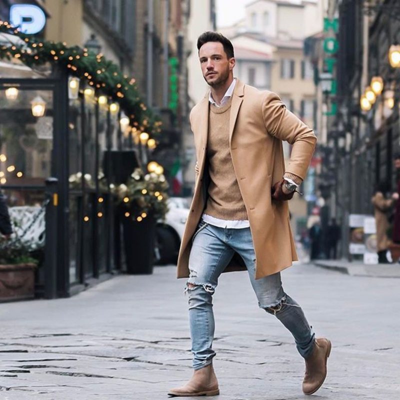 Camel overcoat, camel sweater, white shirt, suede Chelsea boots 1