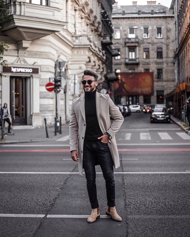 Light grey overcoat, black turtleneck t-shirt, black jeans 1