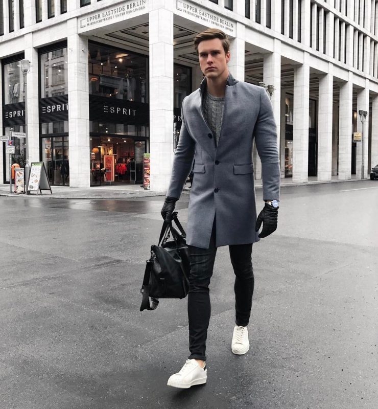 Charcoal grey overcoat, grey sweater, leather gloves, white sneaker 1