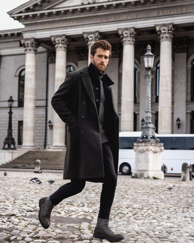 Black overcoat, grey overcoat, black jeans, boots 1