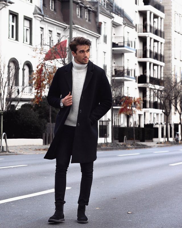 Black overcoat, white sweater, black jeans 1