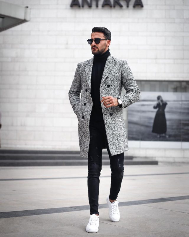 Grey overcoat, black turtleneck t-shirt, jeans, white sneaker 1