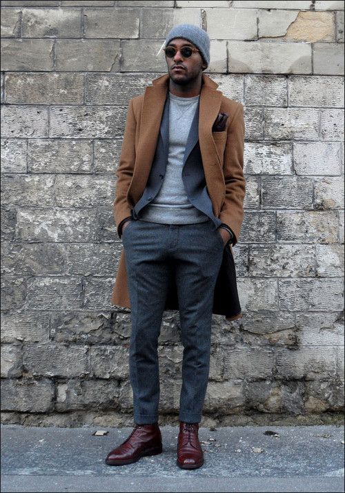 Camel overcoat, grey wool suit, light grey sweater 1 