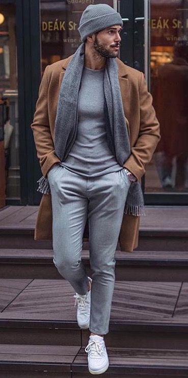 Camel overcoat, grey t-shirt, suit pants, scarf, beanie hat 1