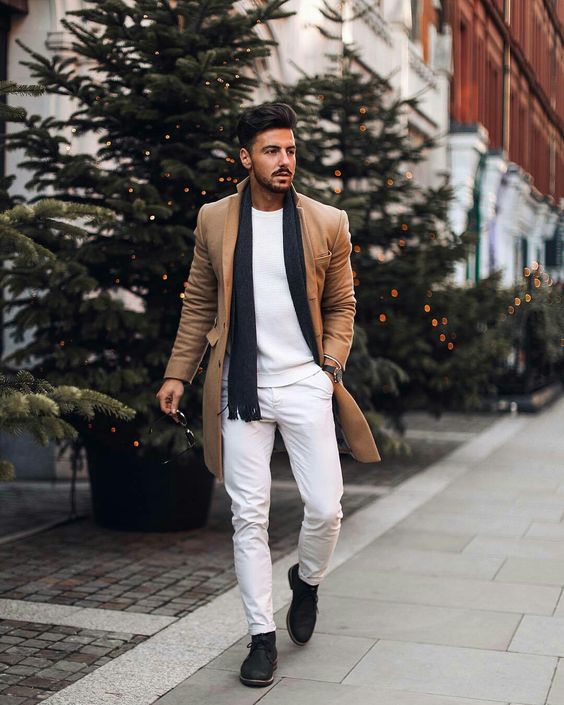 Camel overcoat, white sweater, chinos, black scarf, sneaker 1 