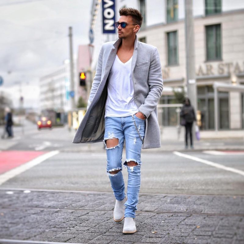 Grey overcoat, white v-neck t-shirt, blue ripped jeans, suede Chelsea boots 1