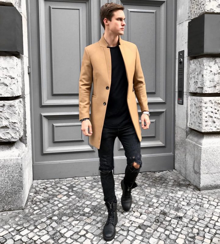 Camel overcoat, black t-shirt, jeans, leather boots 1