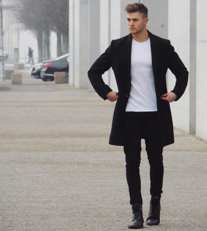 Black overcoat, white t-shirt, black jeans, leather boots 1