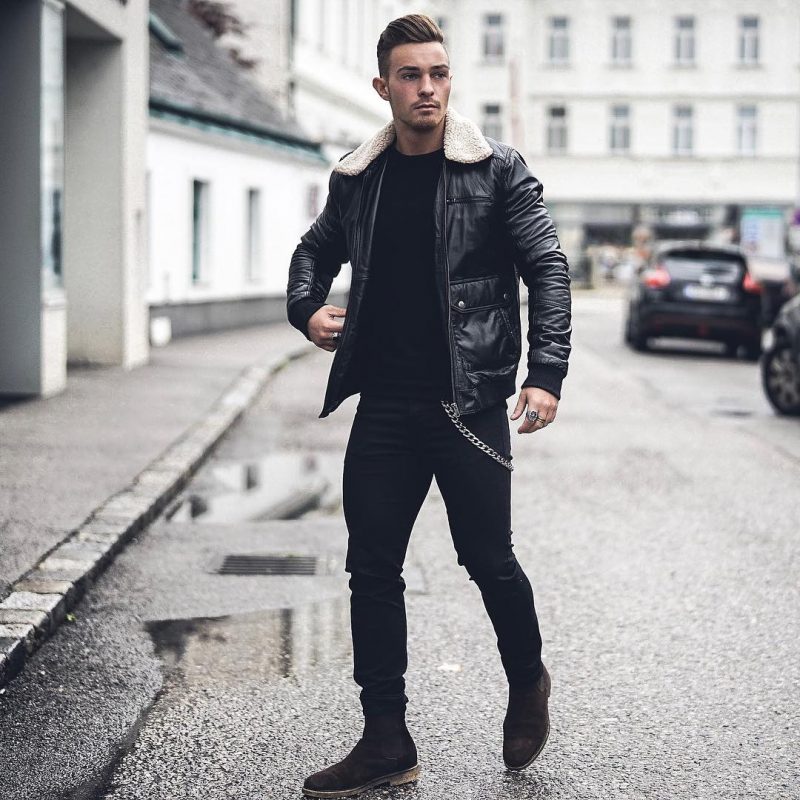 40 mens winter work outfit styles with winter boots. Suede Chelsea boots, shearling collar bomber jacket, black t-shirt 1