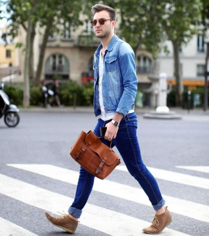 40 mens winter work outfit styles with winter boots. Brown chukka boots, denim jacket, jeans, white t-shirt 1