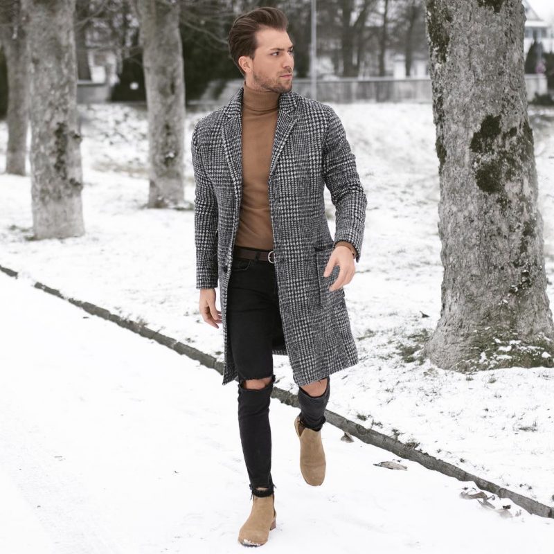 40 mens winter work outfit styles with winter boots. Tan suede Chelsea boots, checked overcoat, brown turtleneck sweater 1